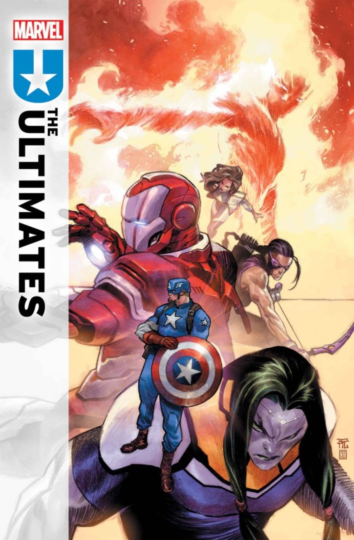 Capa principal de The Ultimates #7 apresentando Homem de Ferro, Mulher-Hulk, Capitão América e Gavião Arqueiro.