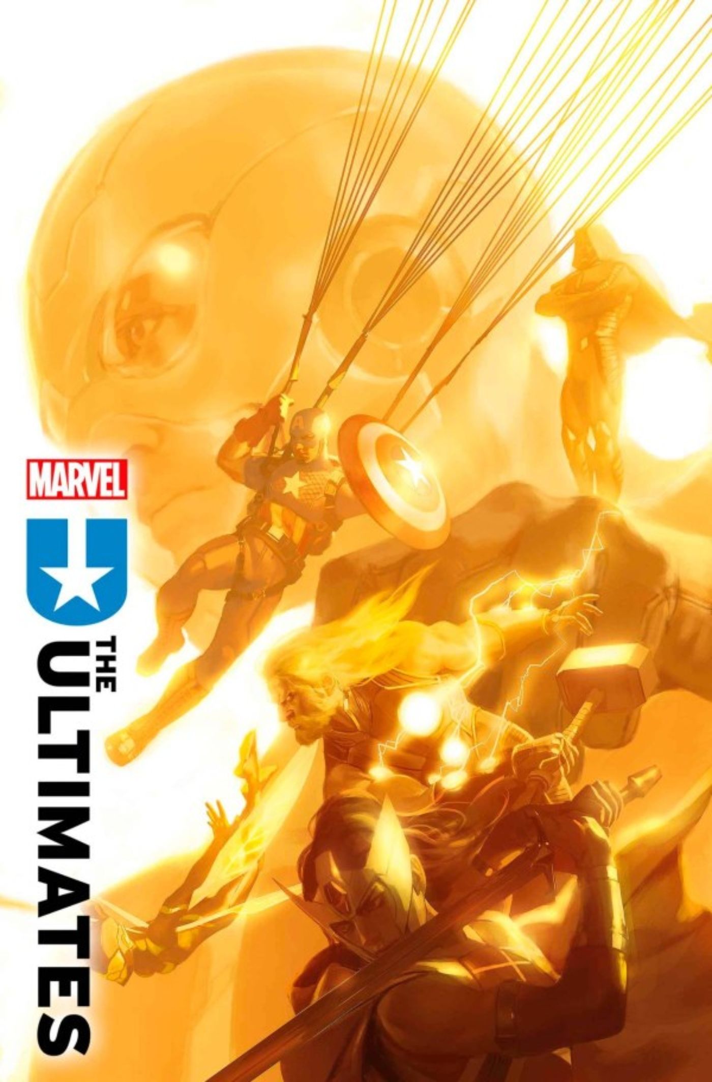 Capa variante de The Ultimates #7 apresentando Thor, Capitão América, Doom e Homem-Gigante.