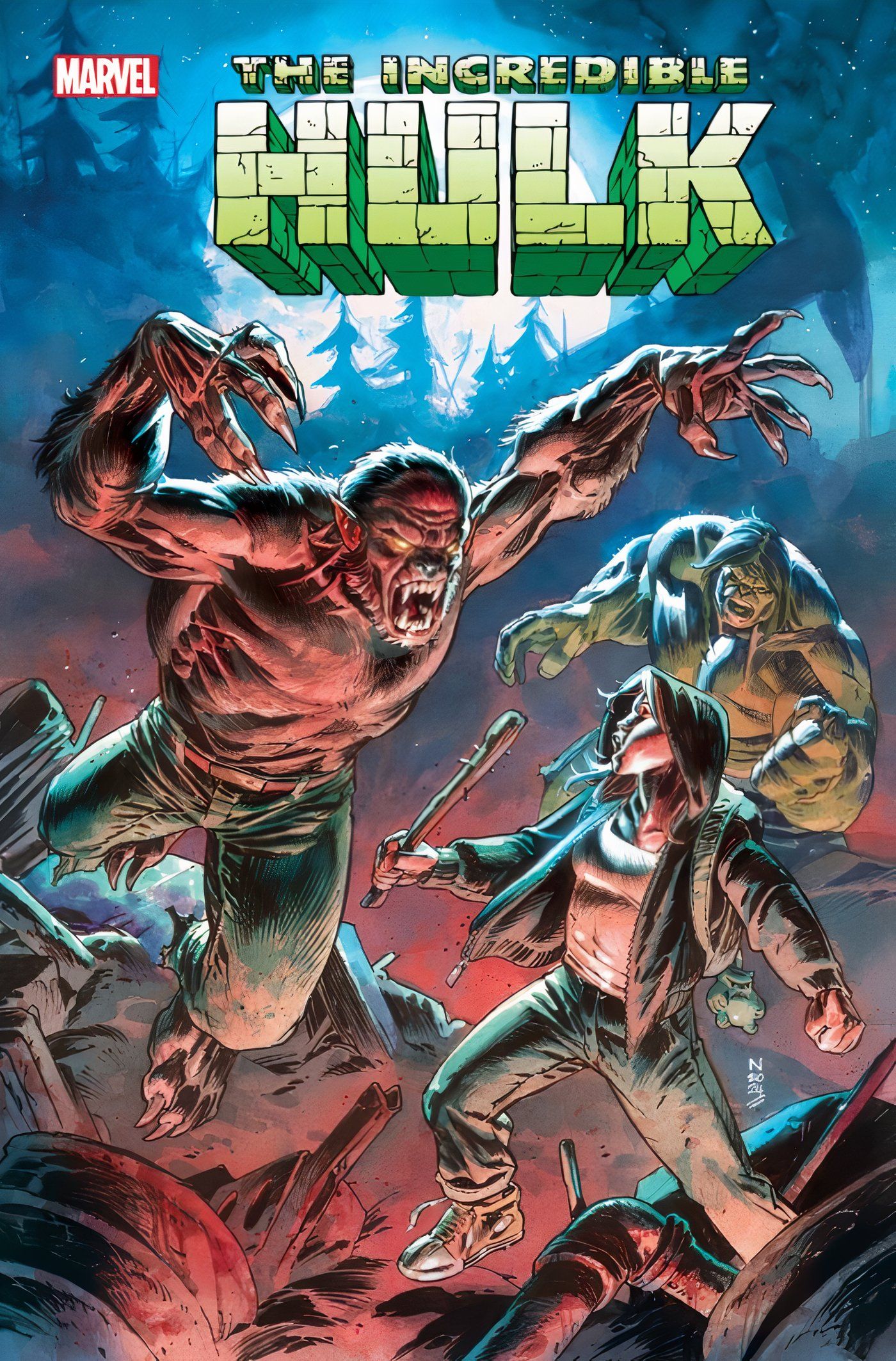 Cover art for The Incredible Hulk #20 featuring Hulk, Charlie and Werewolf By Night.