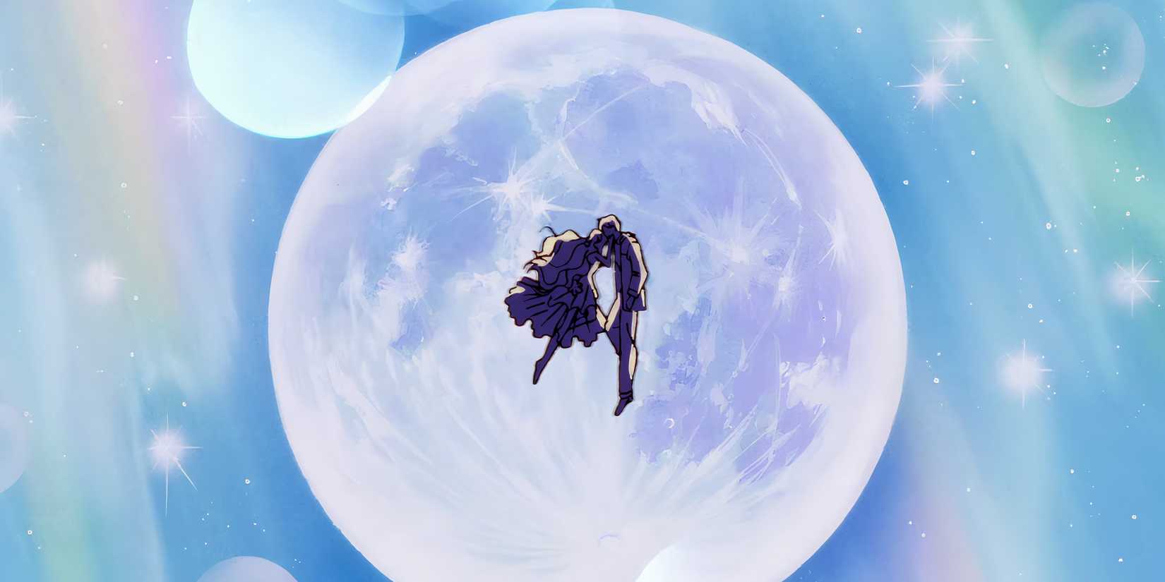 Human Luna and Kakeru kiss in front of the full moon.