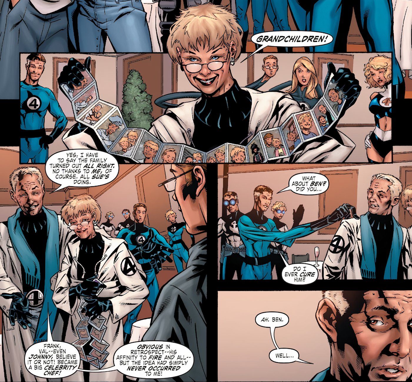 Comic Book Panels: Older versions of Mister Fantastic and Invisible Woman talk about their grandchildren and the fate of Johnny Storm.