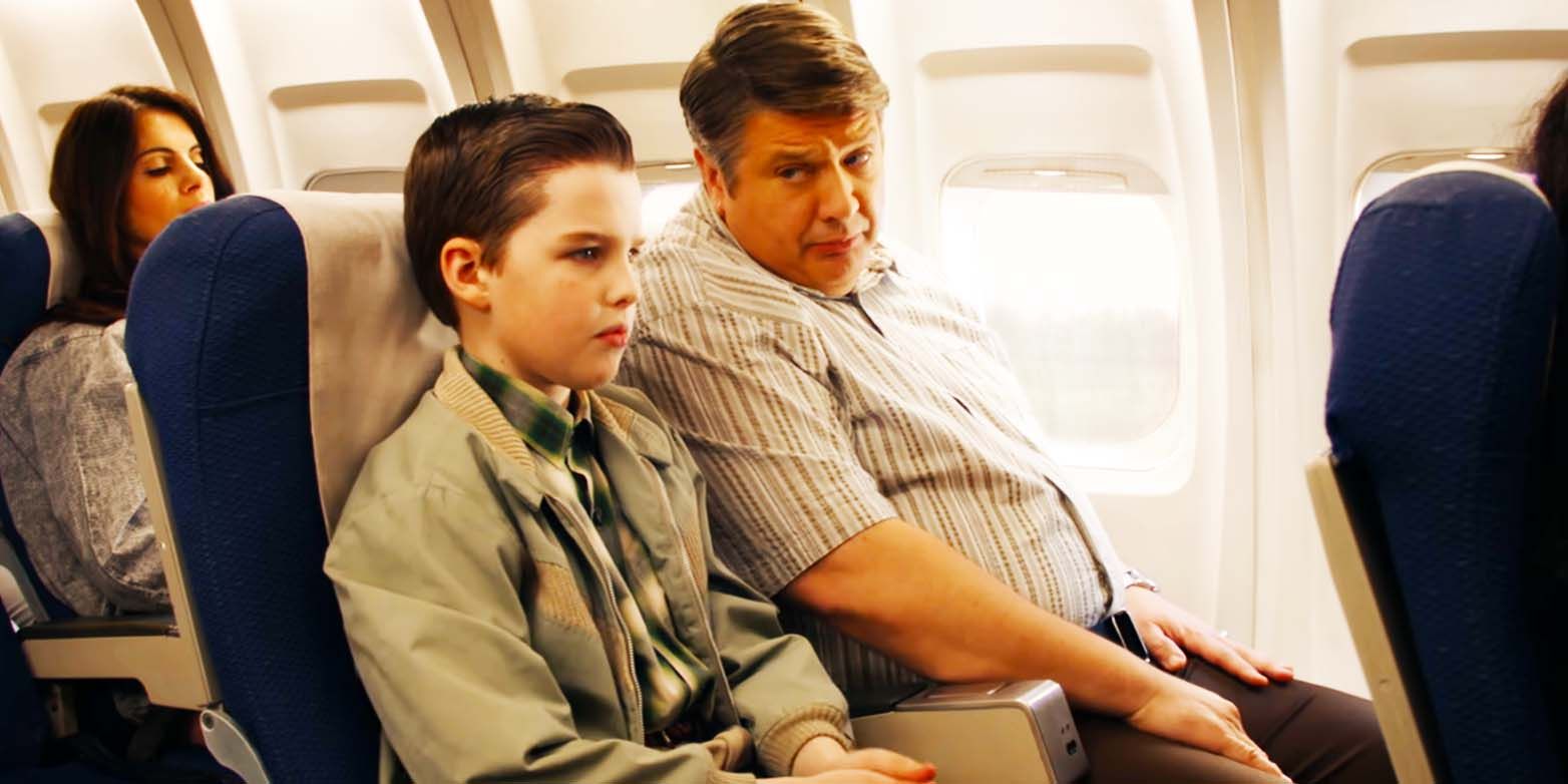 Iain Armitage as Sheldon Cooper and Lance Barber as George Cooper Sr. in Young Sheldon season 3, episode 16