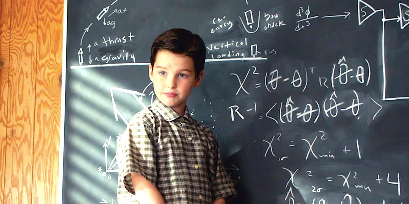 Iain Armitage's Sheldon stand by a board of equations at the Johnson Science Center in A Patch, a Modem, and a Zantac” season 1 episode 6 of Young Sheldon