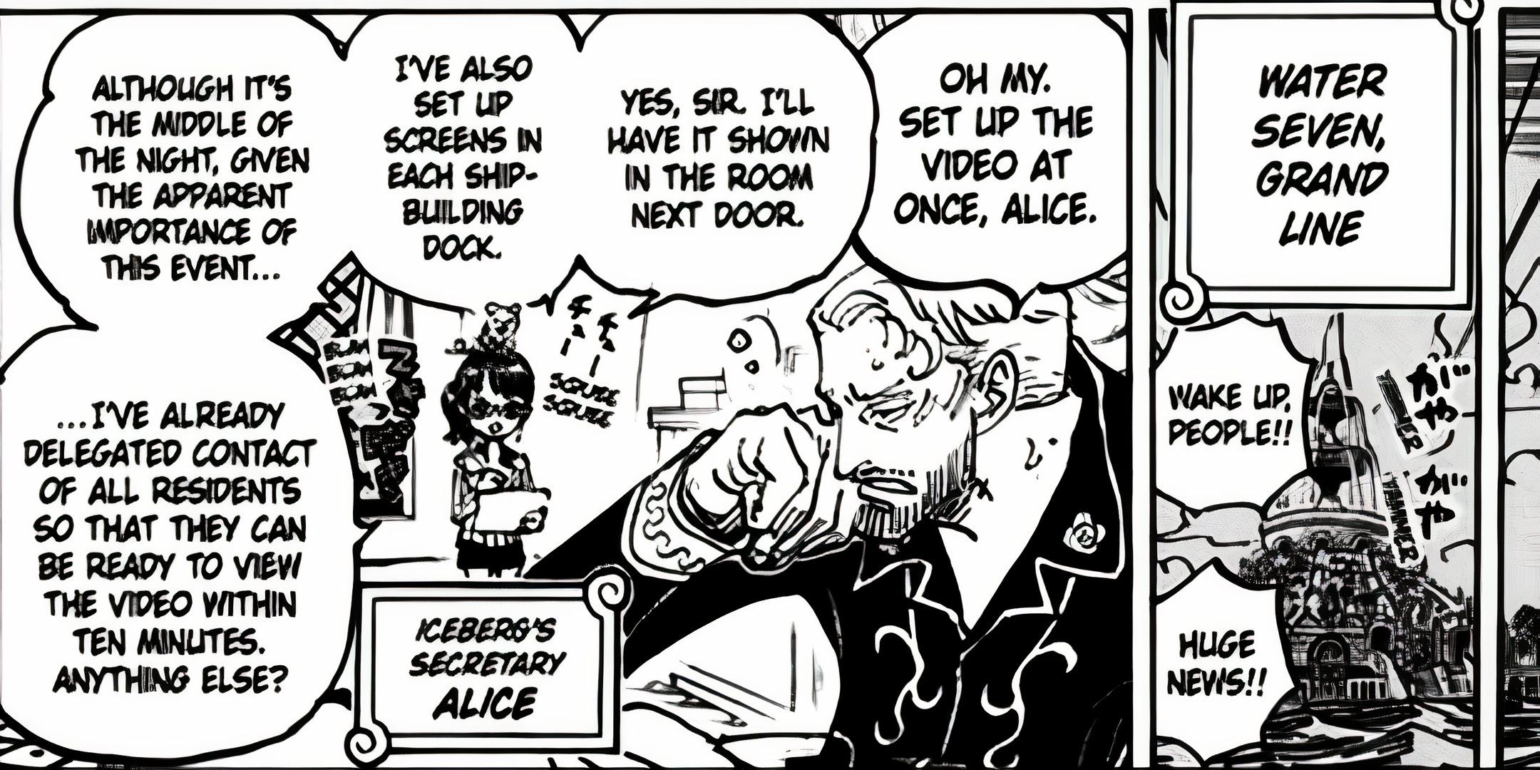 Cameo-Auftritt von Iceberg und Alice während Vegapunks Botschaft in One Piece