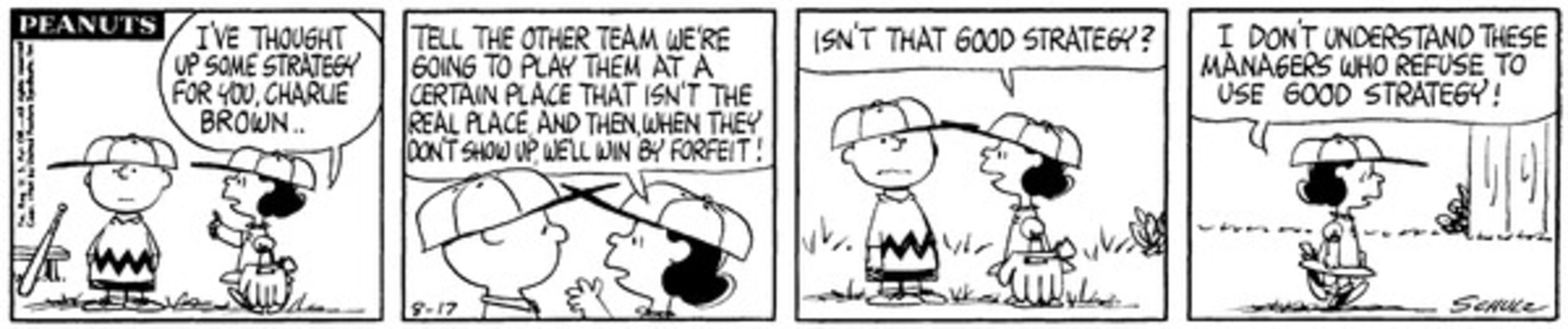 Lucy explicando sua estratégia no campo de beisebol para Charlie Brown.