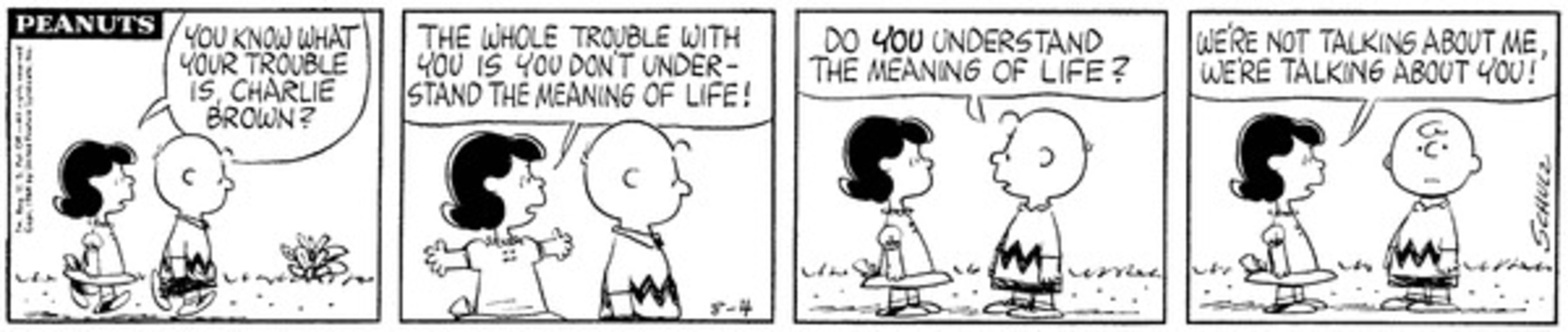 Lucy importunando Charlie Brown sobre o significado da vida.