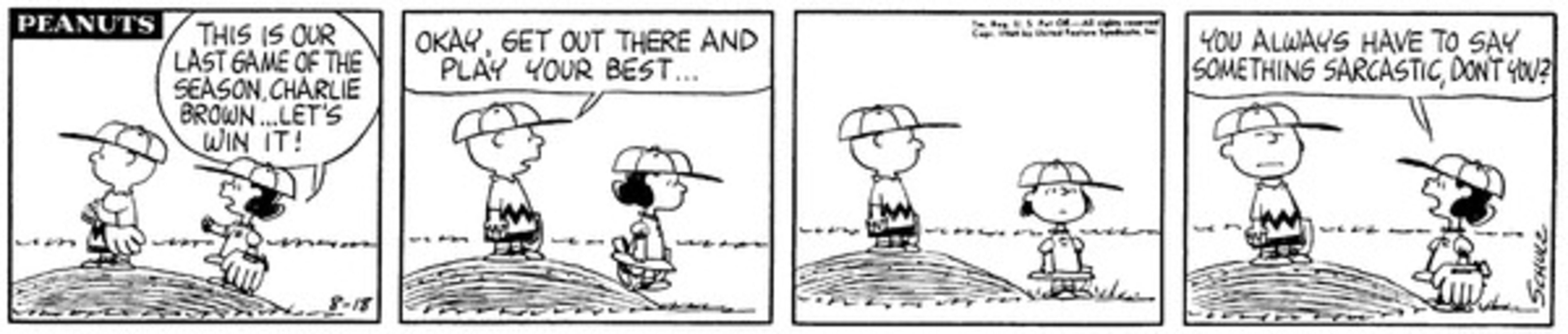 Charlie Brown tentando dar um discurso estimulante para Lucy no campo de beisebol.