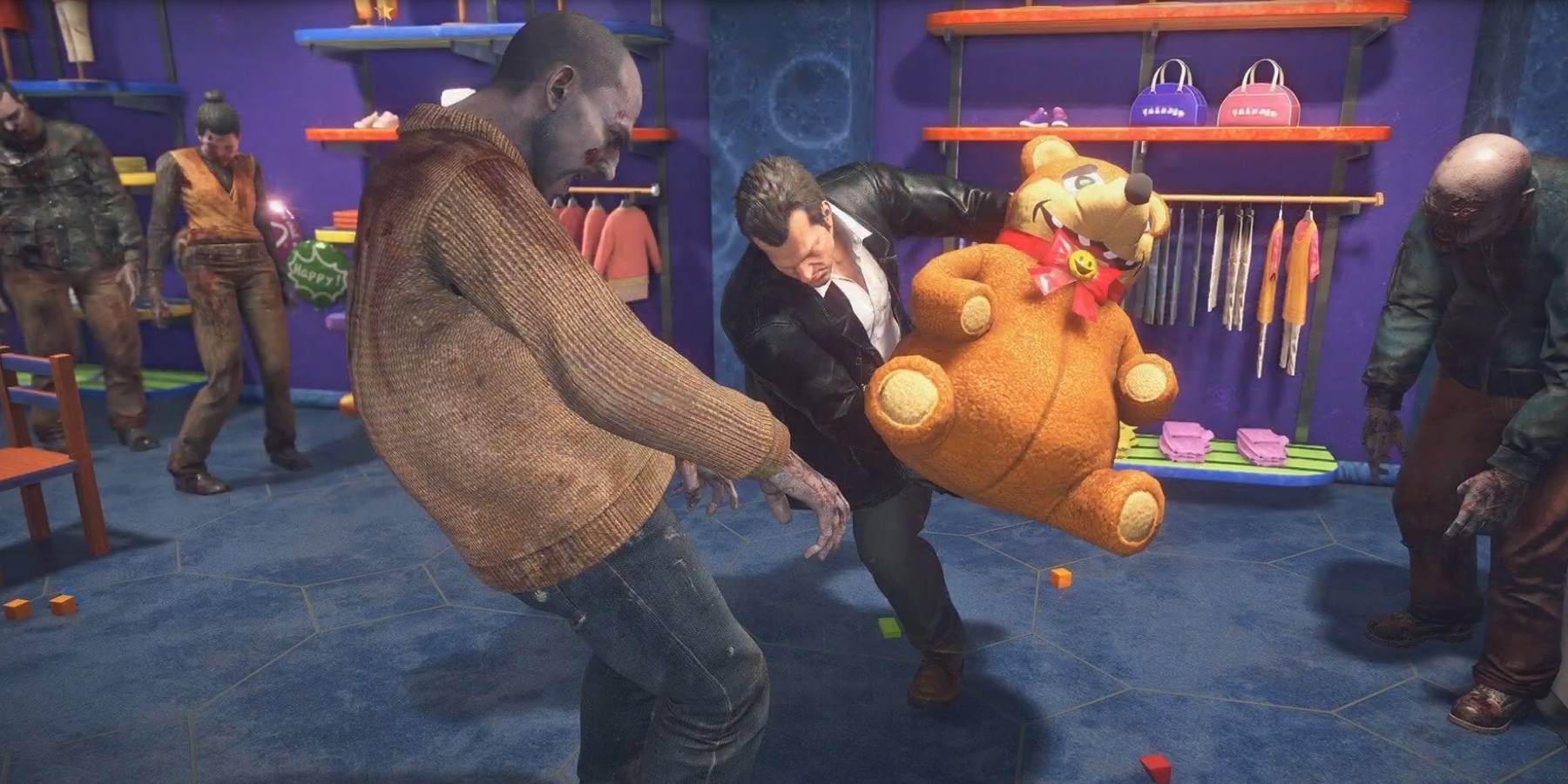 Dead Rising Deluxe Remaster Frank acertando um zumbi com um grande urso de pelúcia