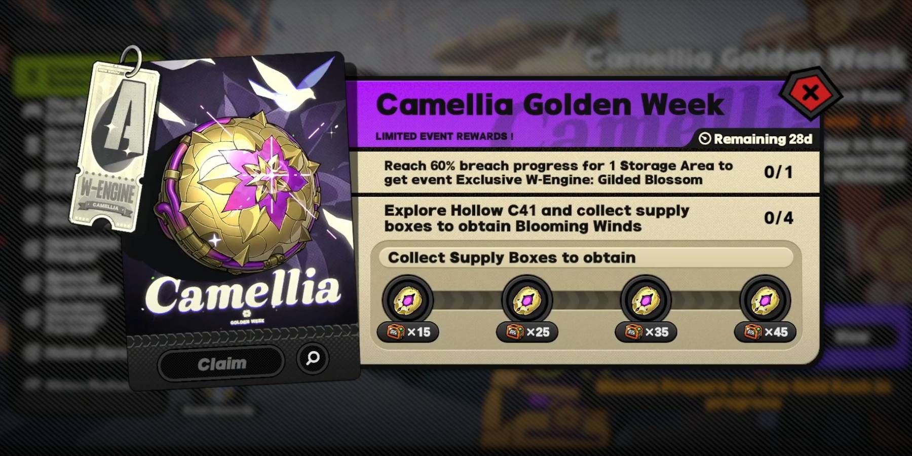 Zenless Zone Zero Camellia Golden Week 1.1 event with rewards listed