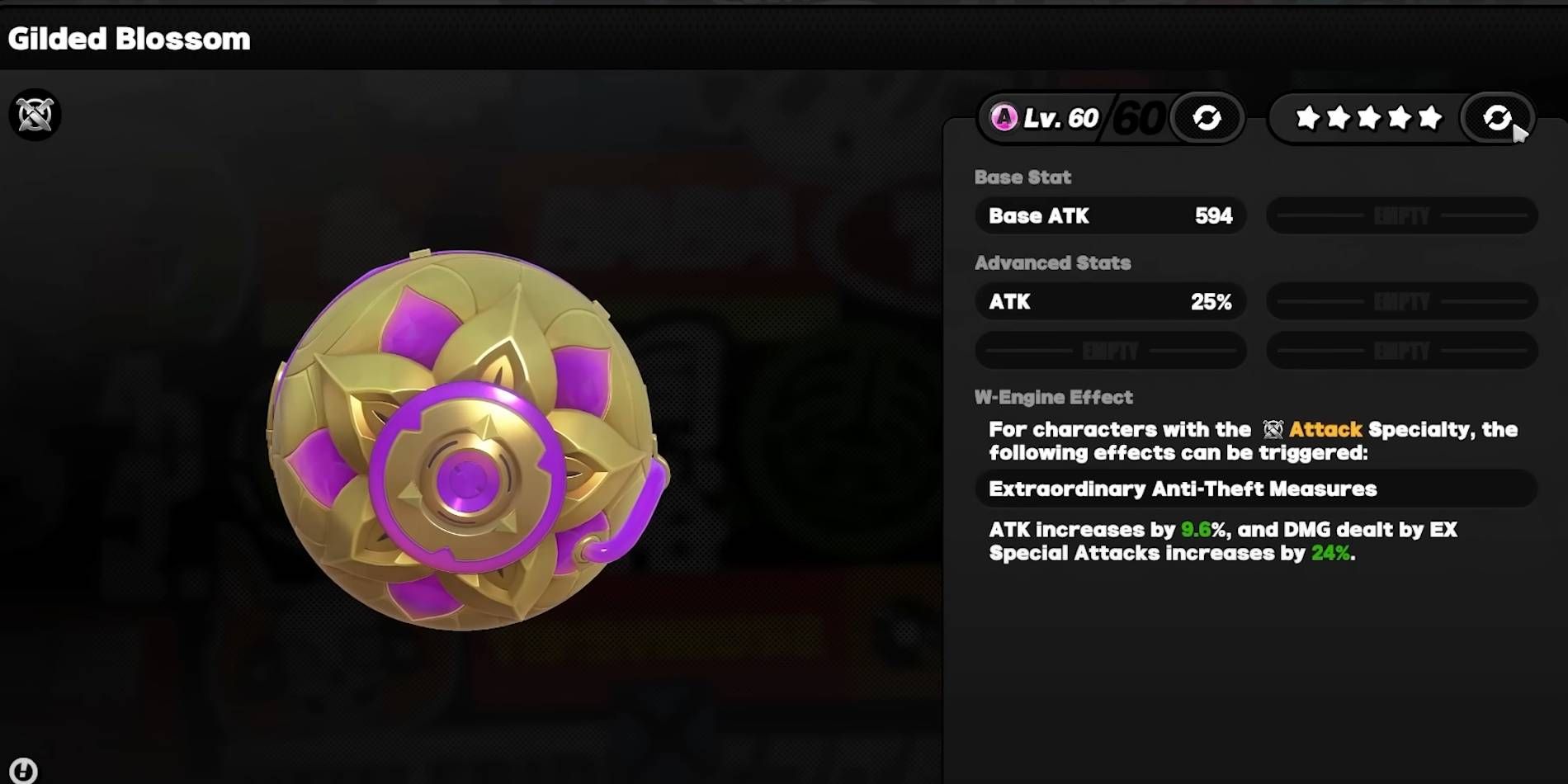 Zenless Zone Zero Gilded Blossom W-Engine with unique effect and stats