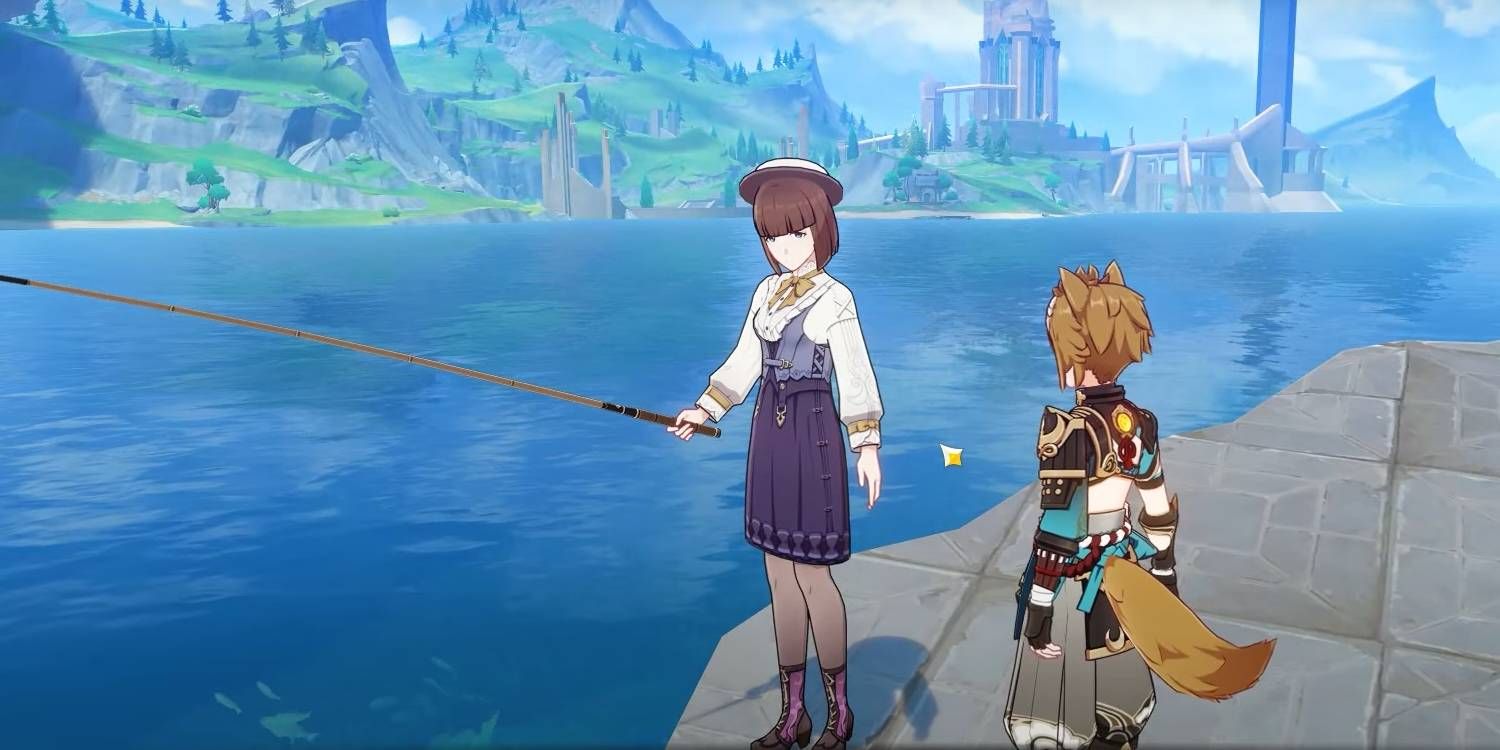 Genshin Impact conversando com o NPC Delaroche que vende itens em troca de peixes raros