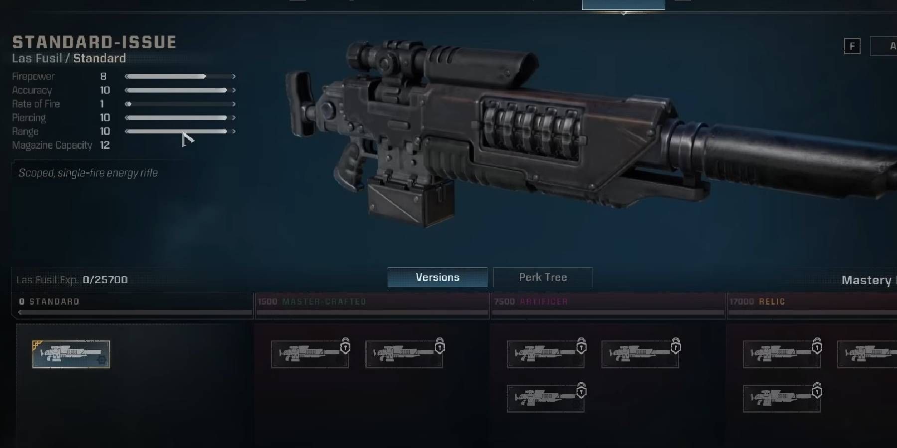 Arma de rifle de precisão Warhammer 40k Space Marine 2 Las Fusil com estatísticas exibidas