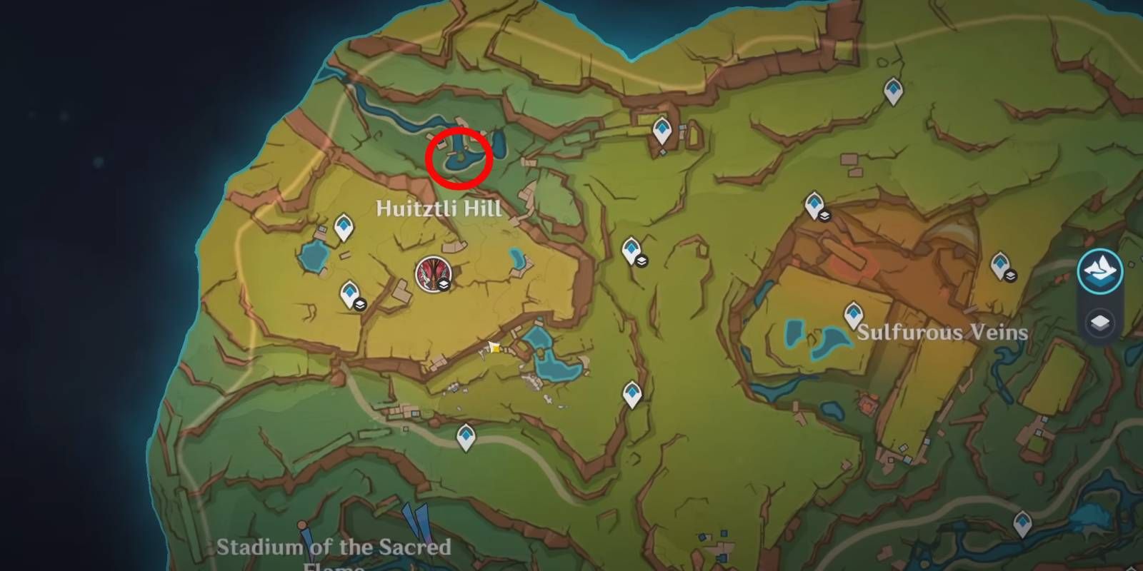 Ubicación de Aegis en el mapa de Natlan leyenda local Genshin Impact Ichcahuipilli