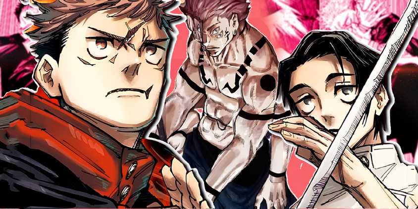 Image of Sukuna in front of a manga panel with yuji and yuta