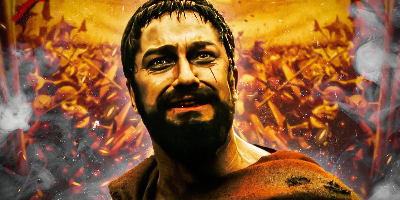 Leonidas (Gerard Butler) with a pained expression in front of Persian warriors in 300