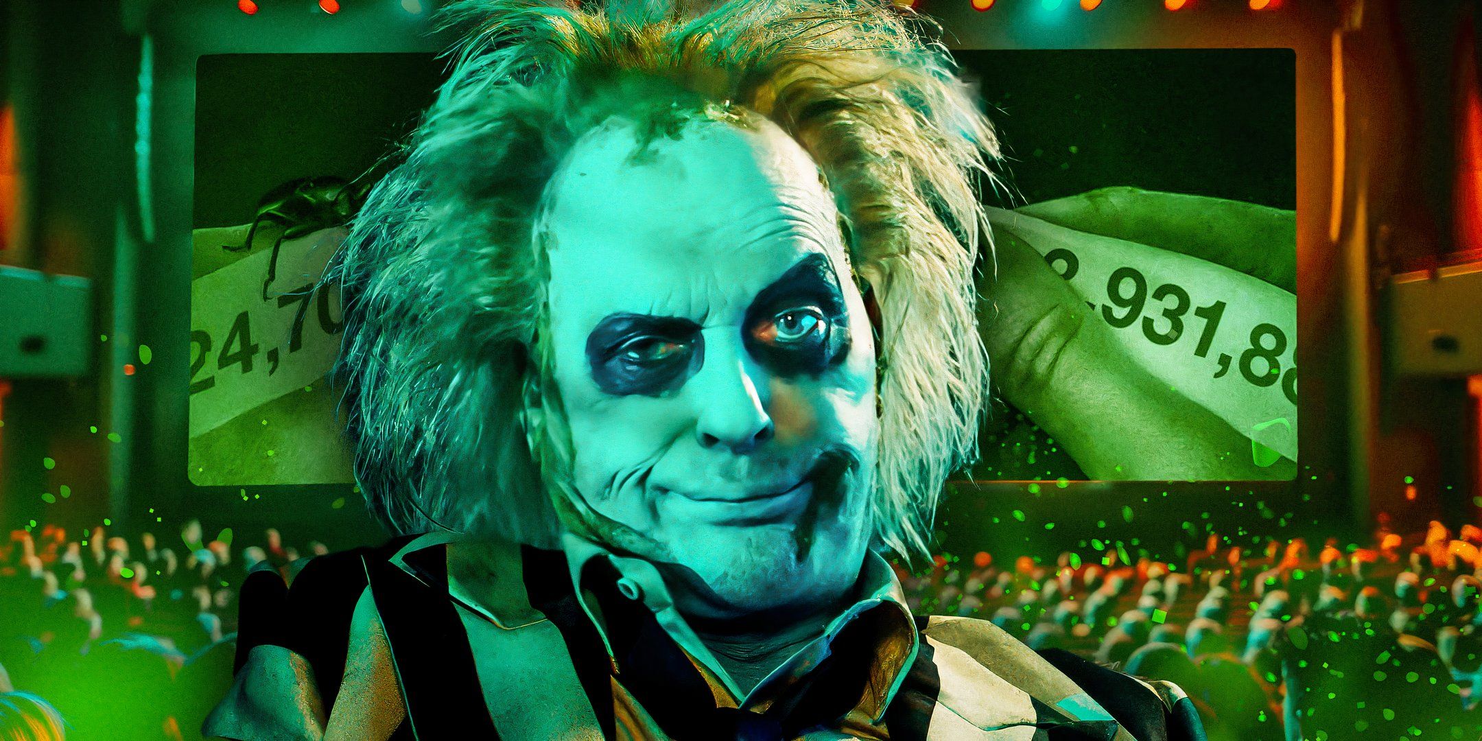 Michael Keaton de Beetlejuice Beetlejuice frente a la pantalla de cine