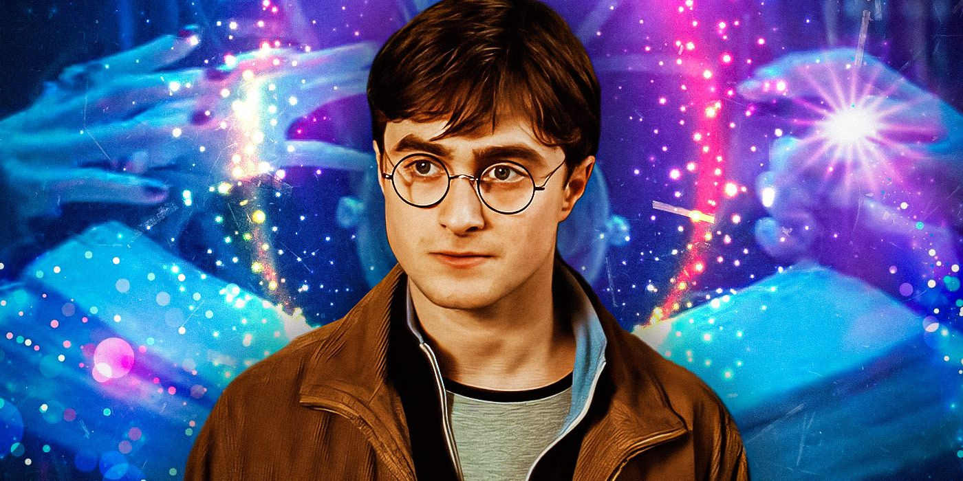 Daniel Radcliffe as Harry Potter and blue, purple, and pink galaxy images in the background