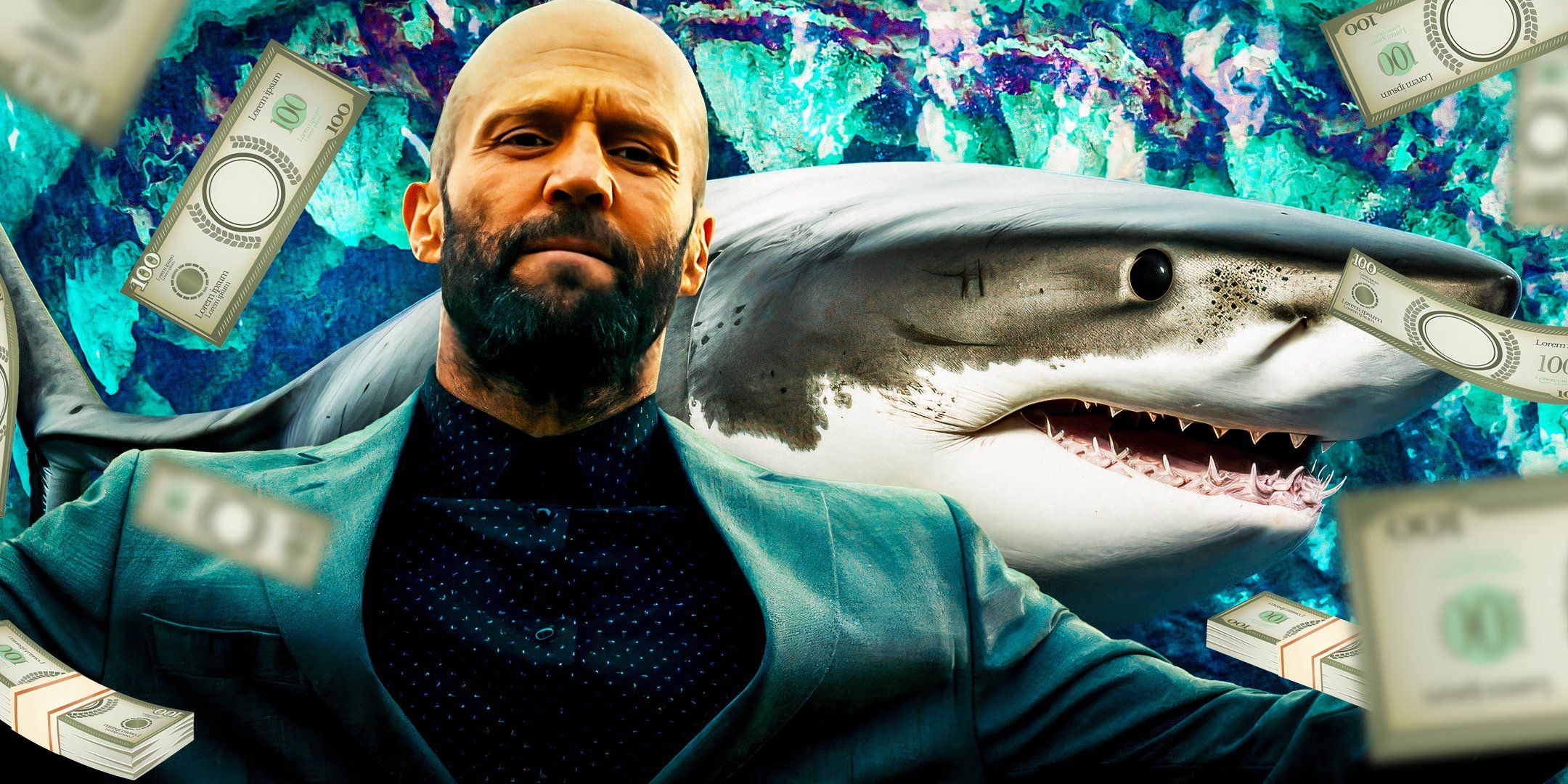 Imagery from The Beekeeper, with Jason Statham surrounded by cash, and a shark.