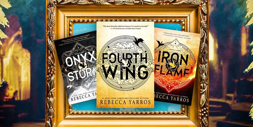 The covers of Onyx Storm, Fourth Wing, and Iron Flame by Rebecca Yarros within a golden frame