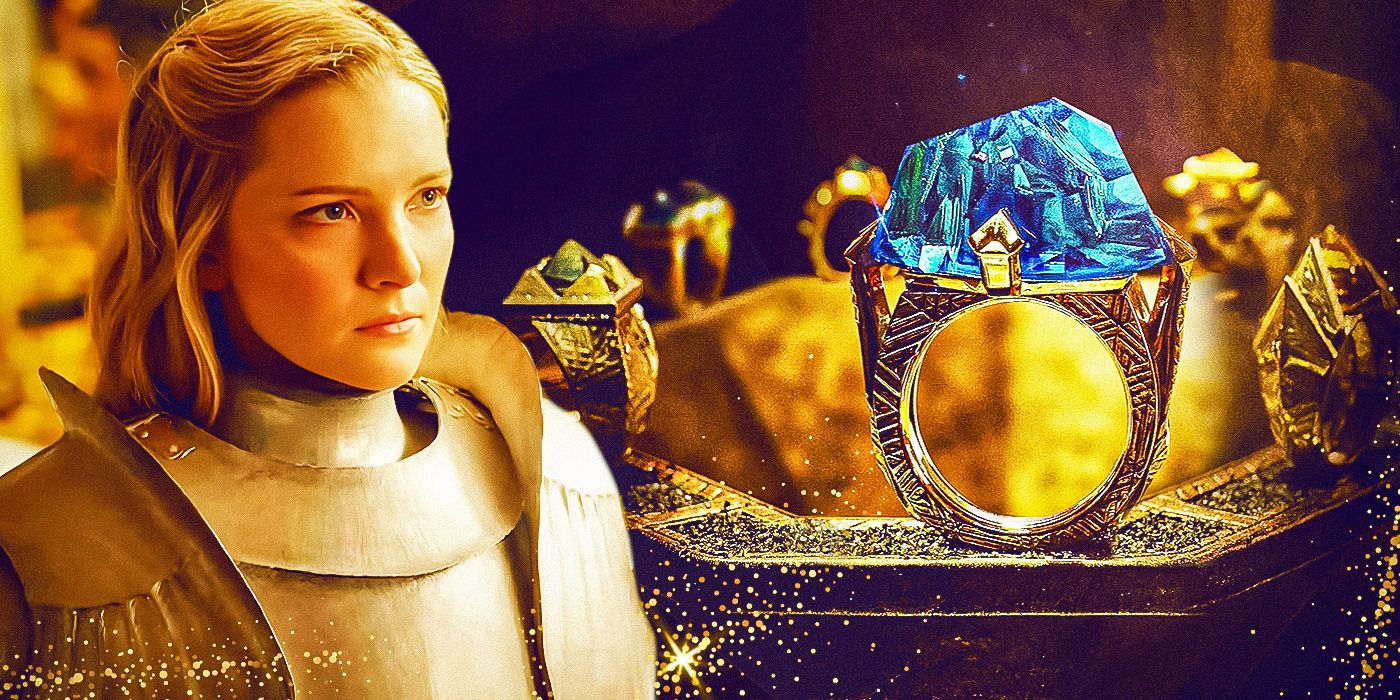 Morfydd Clark as Galadriel wearing armor in The Rings of Power and a close-up of one of the Three