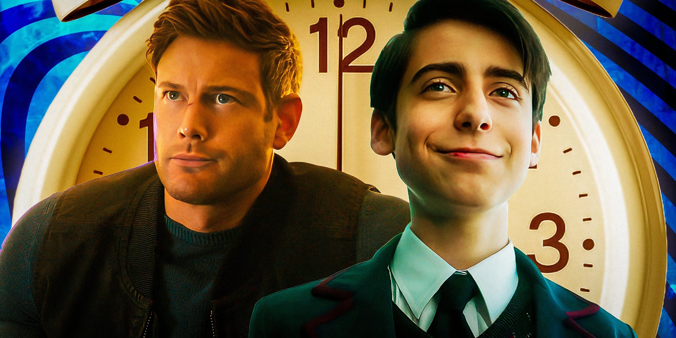 Luther (Tom Hopper) looking unamused and Five (Aidan Gallagher) smirking in The Umbrella Academy season 4 with a clock behind them