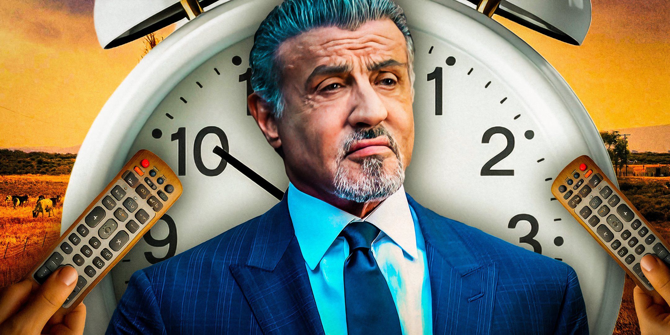 Dwight Manfredi (Sylvester Stallone) in a suit stands in front of a clock and two remote controls in Tulsa King