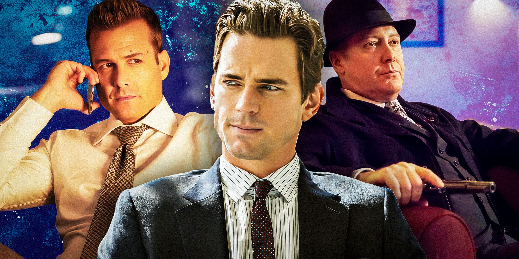 Collage of images of Matt Bomer from White Collar, Gabriel Macht from Suits and James Spader from The Blacklist