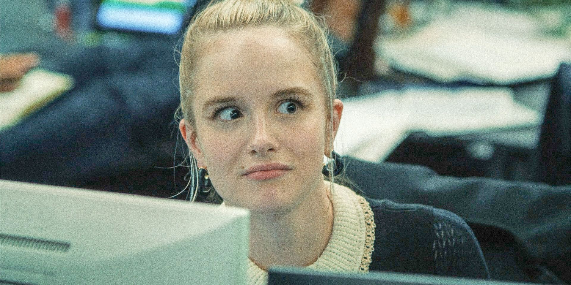 Sweetpea Golightly (Miriam Petche) looking surprised about Rishi&rsquo;s debt in Industry Season 3 Episode 4
