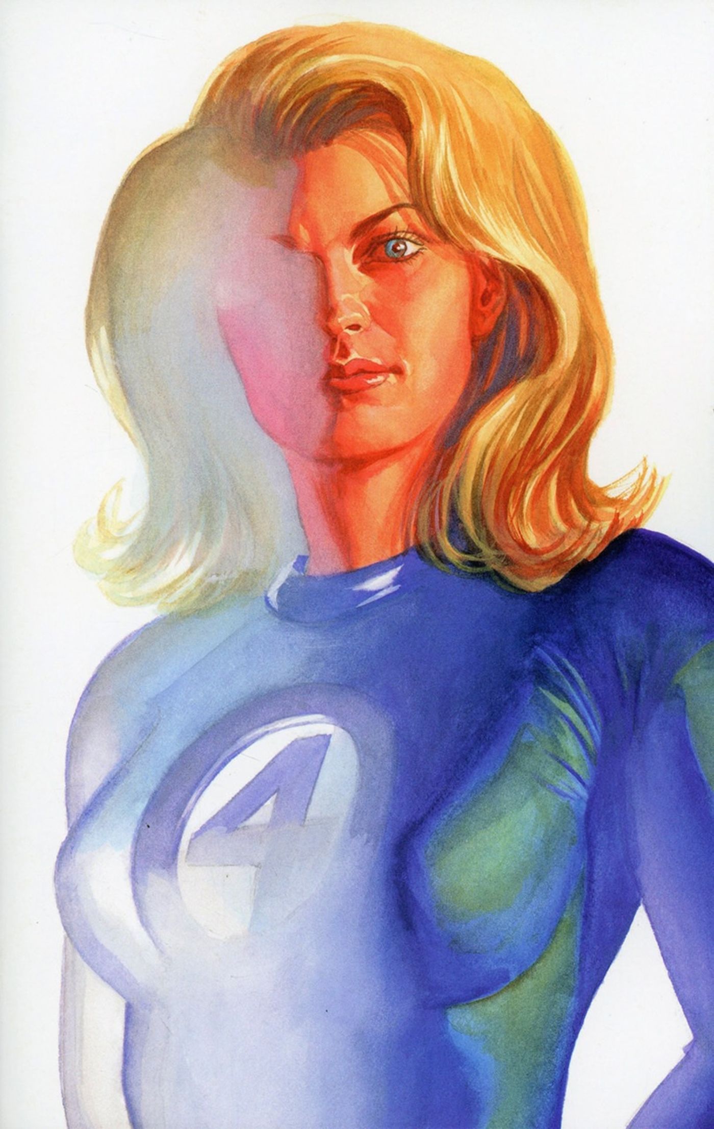 Retrato de Alex Ross Mulher Invisível, Sue Storm meio desbotada até a invisibilidade, enquanto a luz brilha através dela.