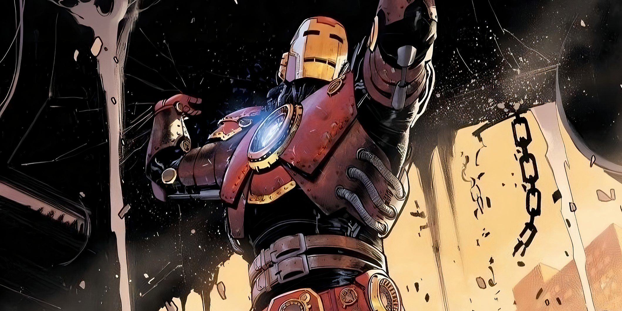 Iron Man lifts a car in his new patchwork armor.
