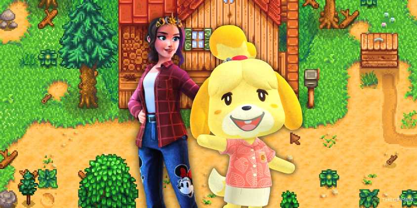 Isabelle from Animal Crossing with a character from Disney Dreamlight Valley standing in front of the Stardew Valley Farm