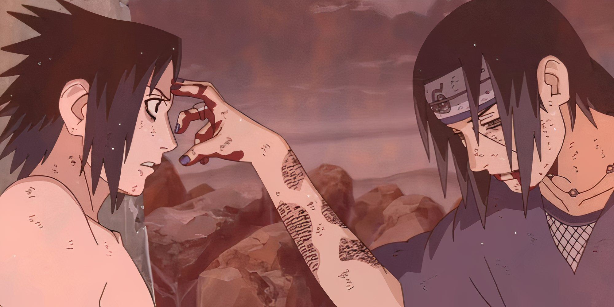 Itachi touching Sasuke's forehead before he dies