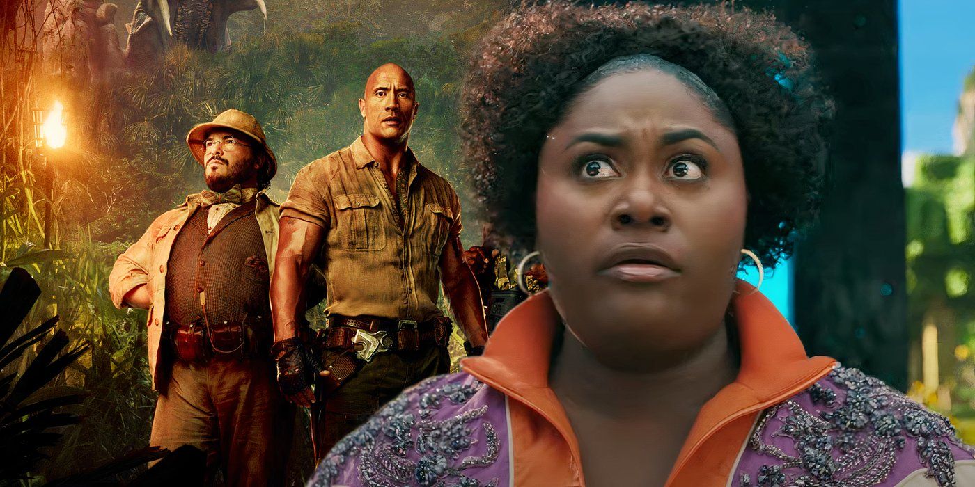 Danielle Brooks parecendo chocada em A Minecraft Movie (2025) ao lado do pôster de Jumanji: Welcome to the Jungle (2017)