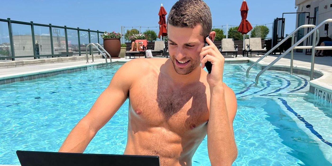 Love Is Blind Jason Drecchio shirtless when looking at the computer with the pool visible in the background