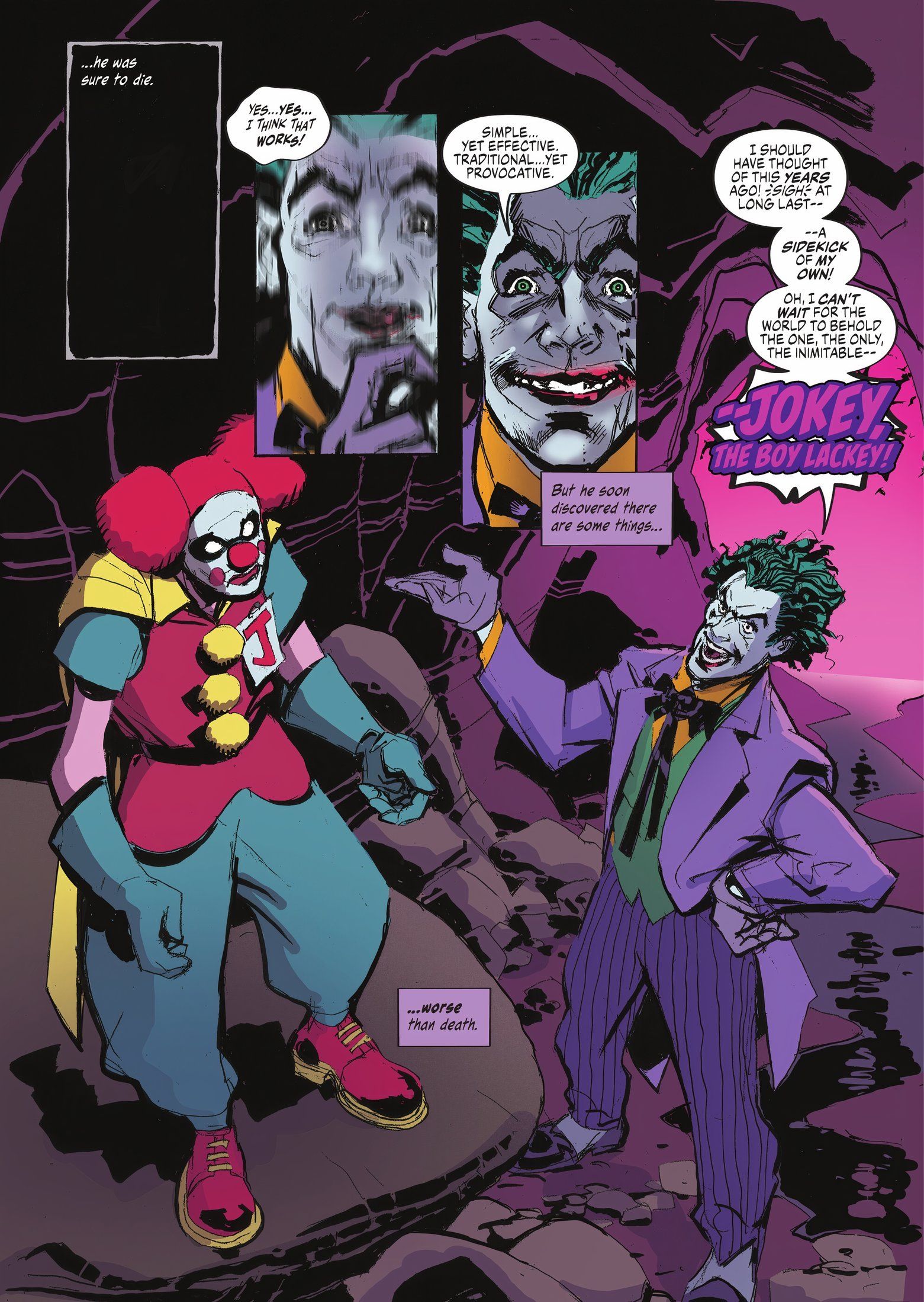 Jason Todd como Robin se para frente a Joker, vestido como un payaso, y Joker lo llama Jokey el Chico Lacayo. 