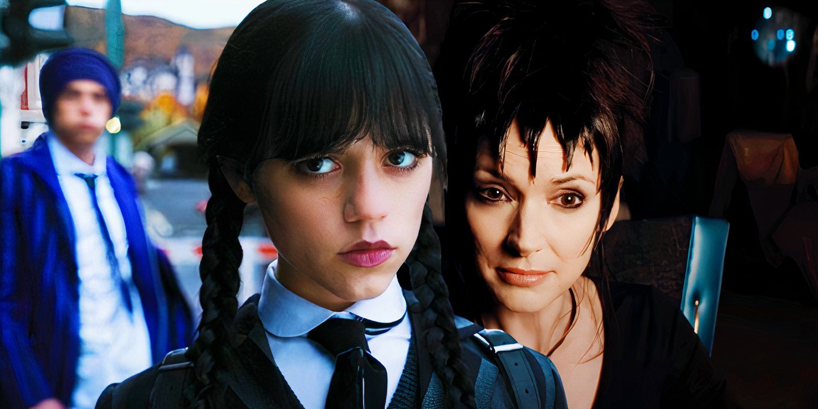 Jenna Ortega as Wednesday Addams in Wednesday season 1 juxtaposed with Winona Ryder as Lydia Deetz in Beetlejuice Beetlejuice