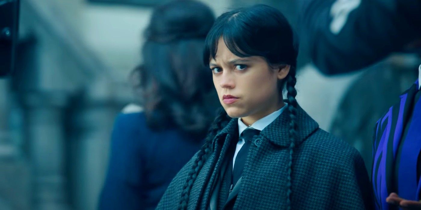 Jenna Ortega on set in costume as Wednesday for Wednesday season 2