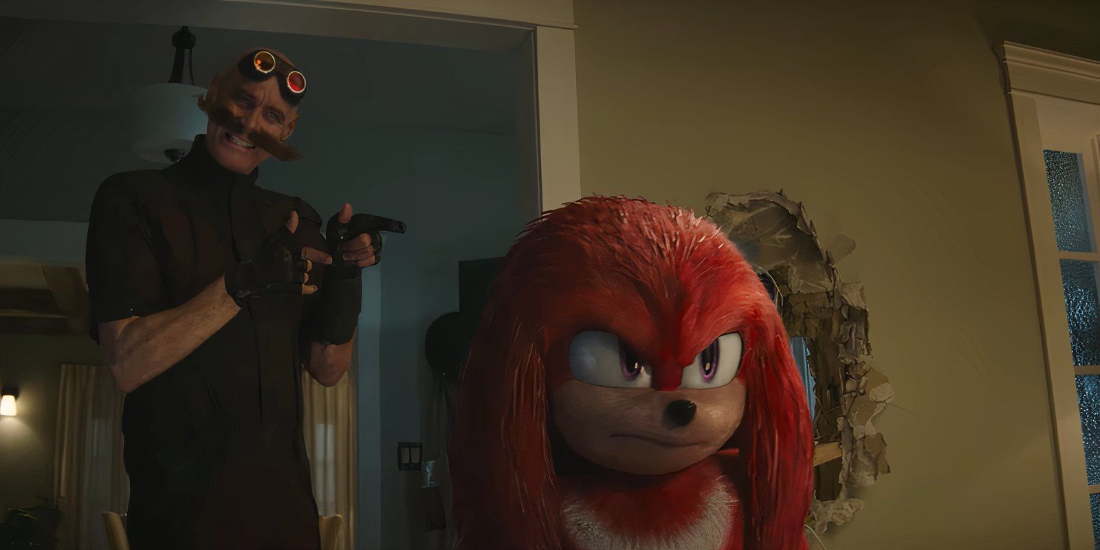 Jim Carrey como Dr. Robotnik apontando para Knuckles em Sonic the Hedgehog 2