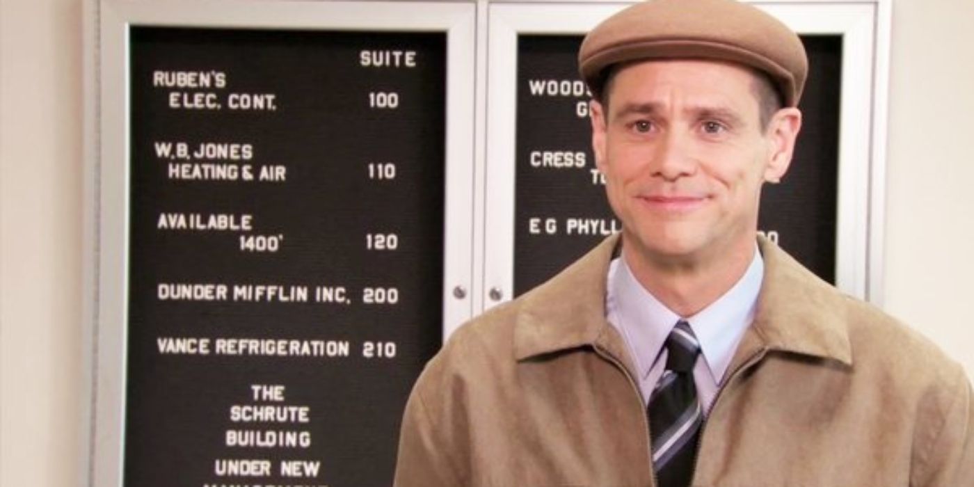 Jim Carrey in a flat cap stood in the Dunder Mifflin reception in The Office