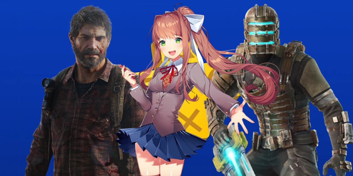 Joel de TLOU, Monika de DDLC e Isaac Clarke de Dead Space frente al logo de PS Plus.-1