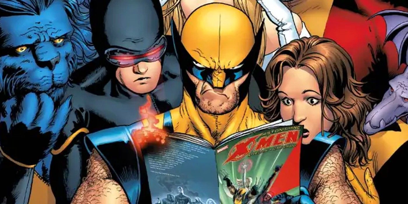 Comic book art: The X-Men, including Wolverine and Cyclops, read an X-Men comic.