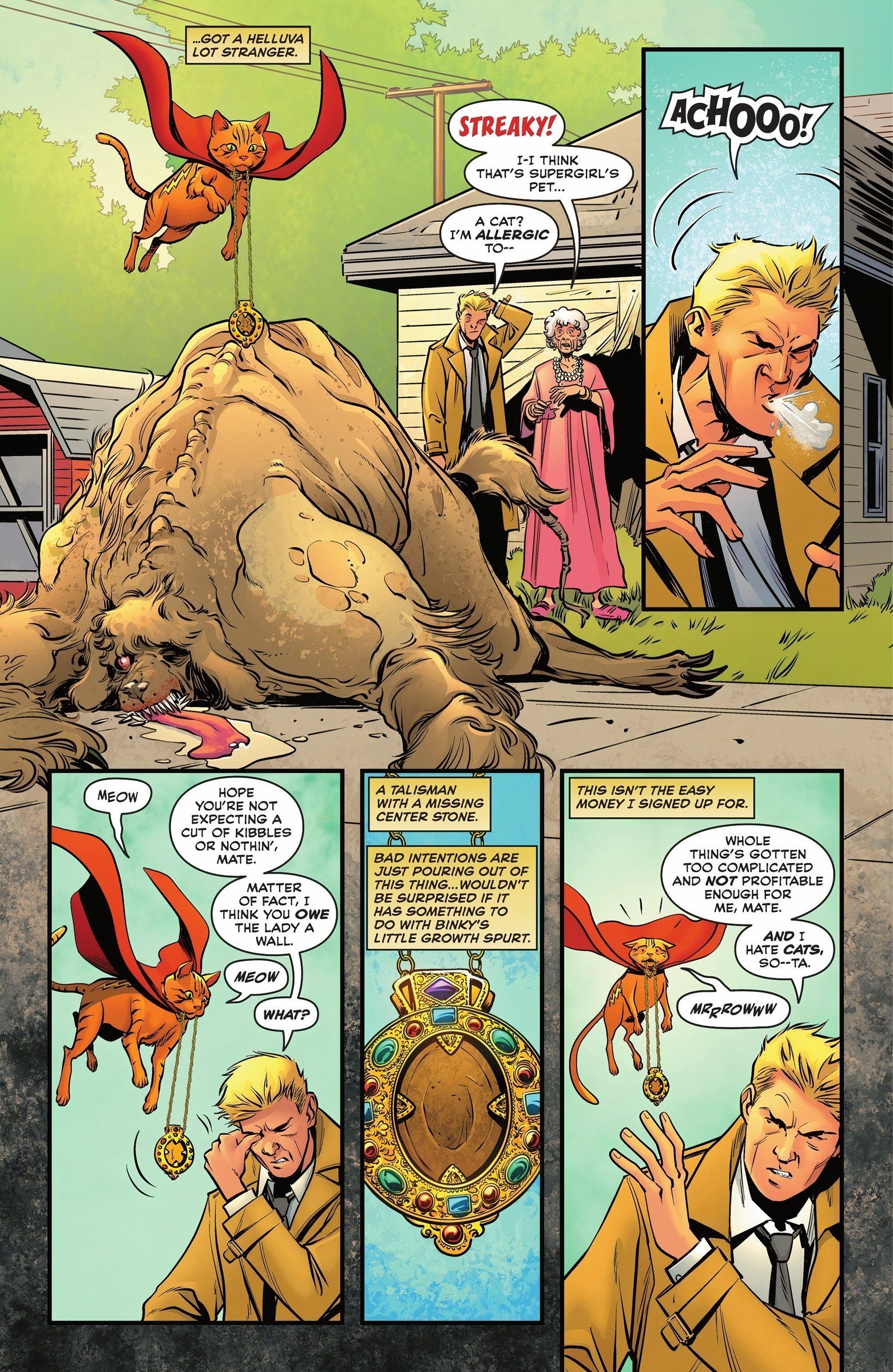 Cinco painéis de John Constantine e Streaky the Super Cat