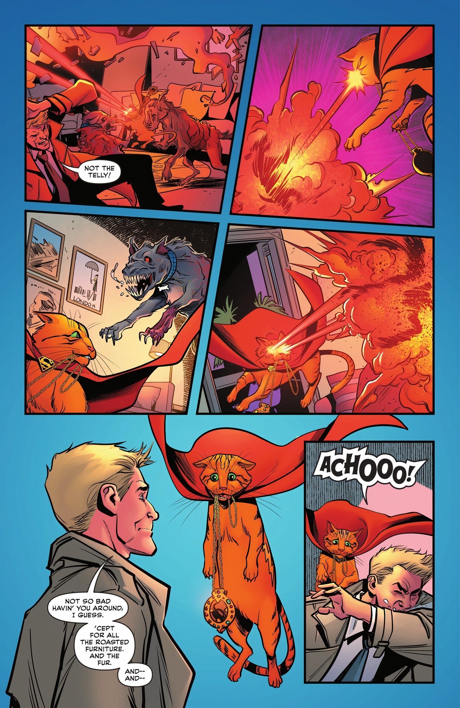 Six panels of John Constantine and Streaky the Super Cat