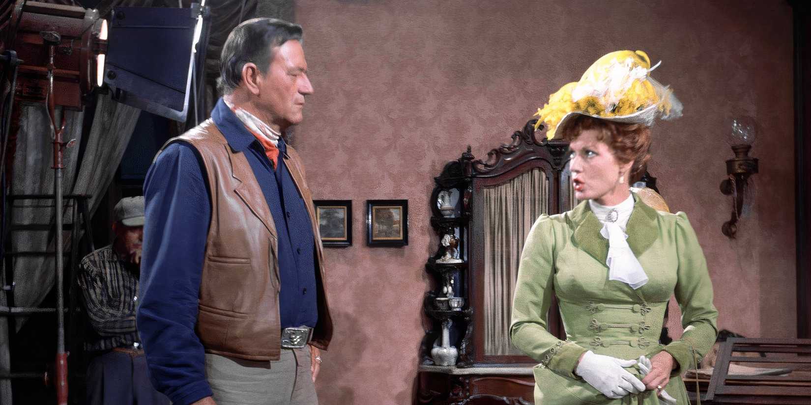 John Wayne and Maureen OHara filming a scene for McClintock