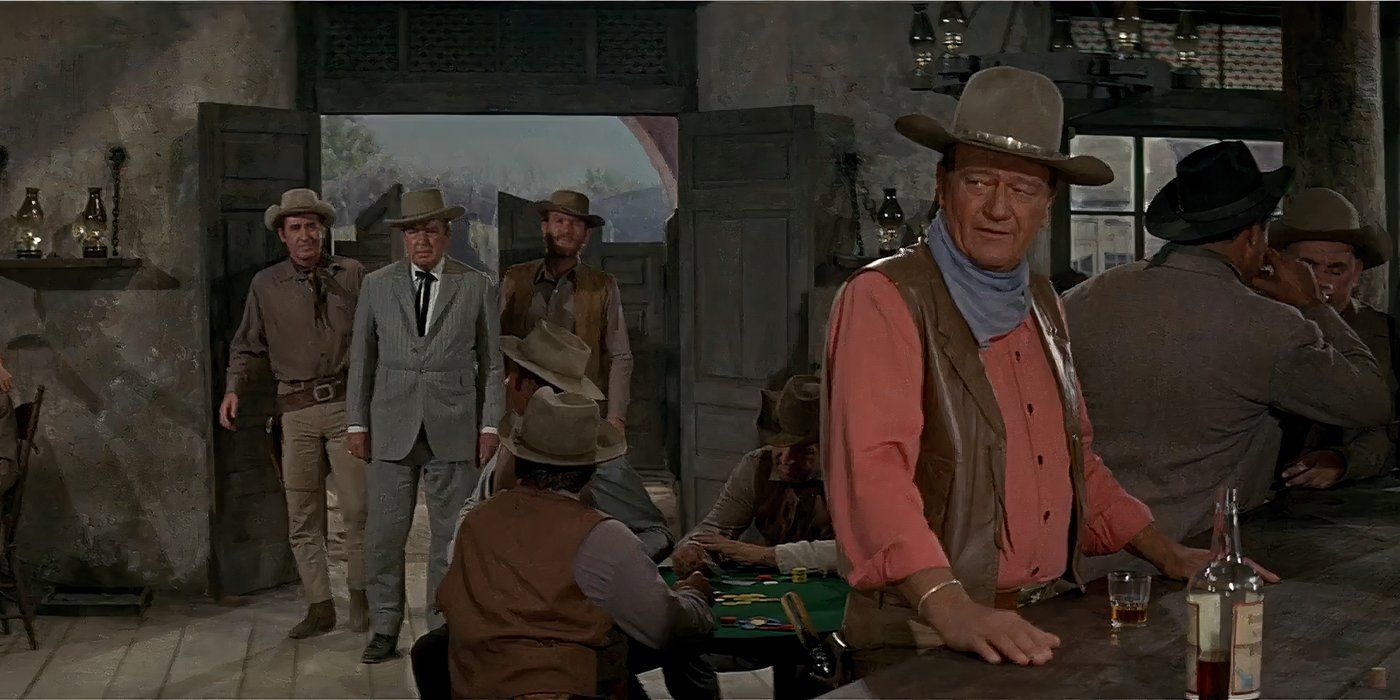 John Wayne, Bruce Cabot, Don Collier e Sheb Wooley em The War Wagon (1967) Entrando em um Saloon com John Wayne no Bar