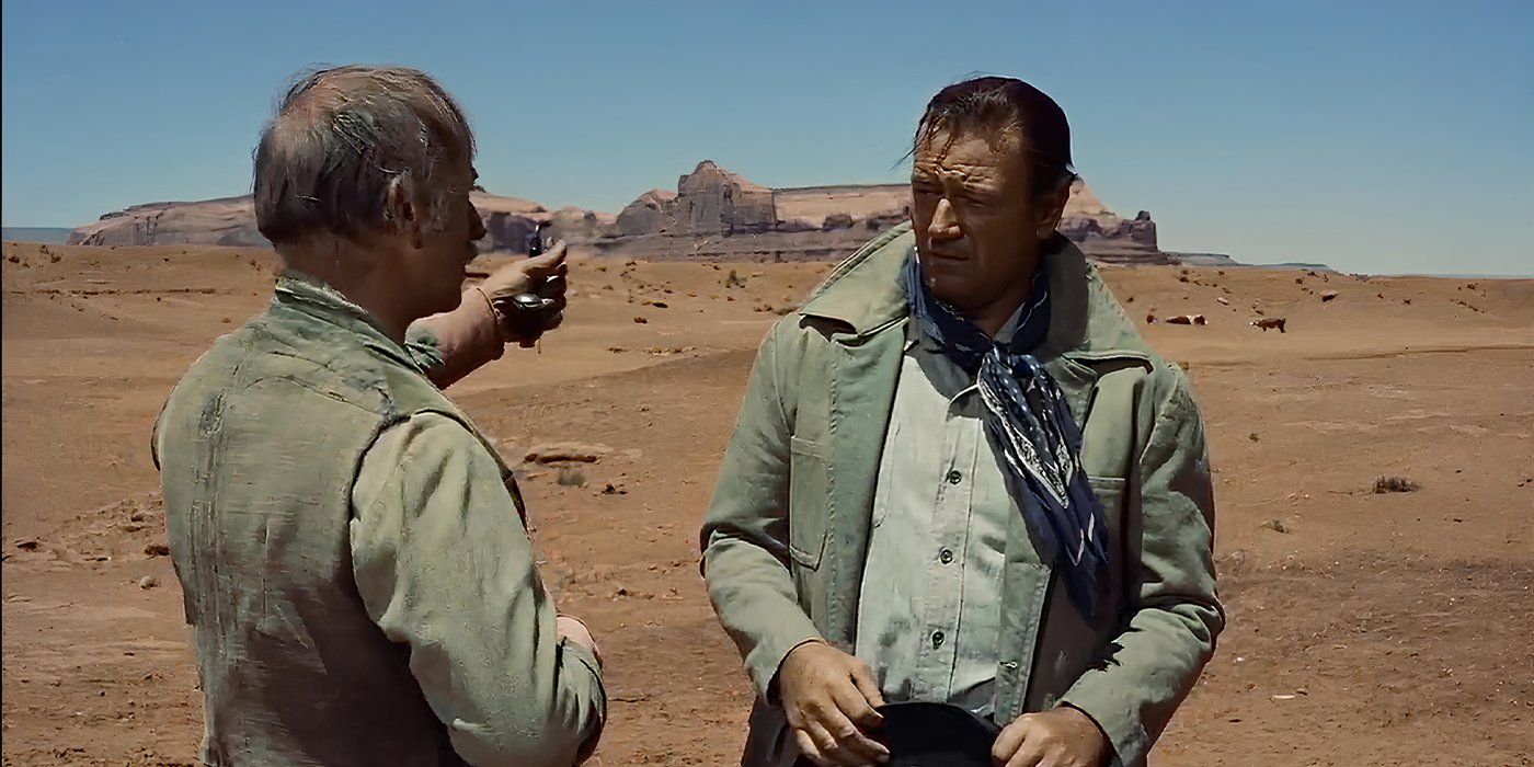 John Wayne e John Qualen Em The Searchers, Qualen está conversando com John Wayne enquanto ele ouve em um interior do oeste