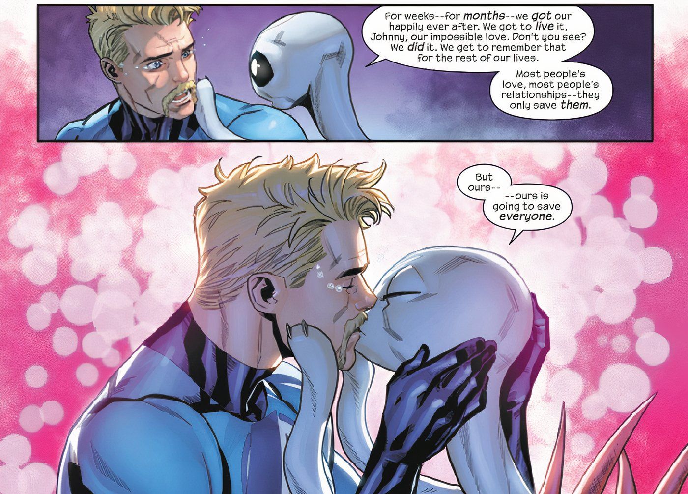 Johnny Storm kisses Angelica from the shore