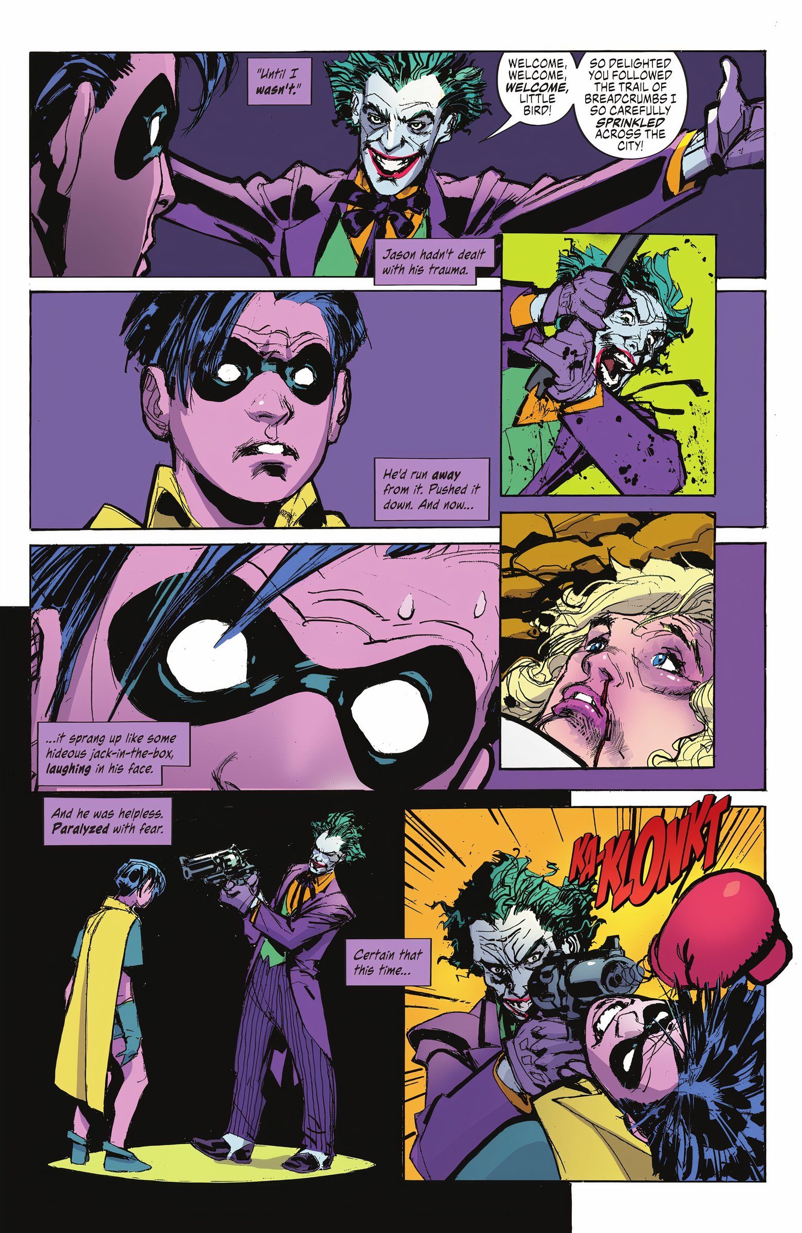 Jason Todd como Robin se congela frente a Joker antes de que lo noquee un guante de boxeo. 