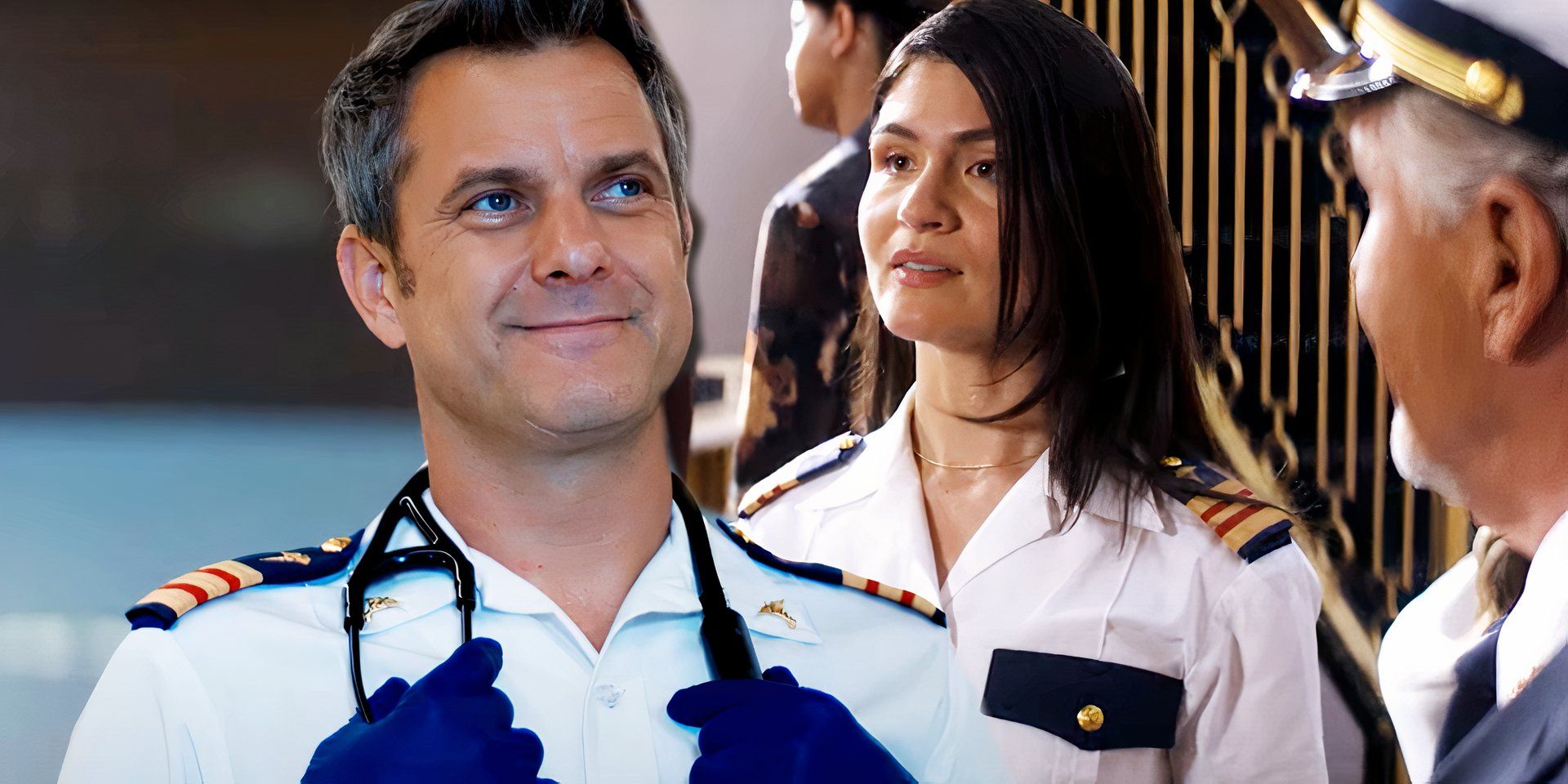 Joshua Jackson smiles with his stethoscope around him and Phillipa Soo in Doctor Odyssey trailer-1