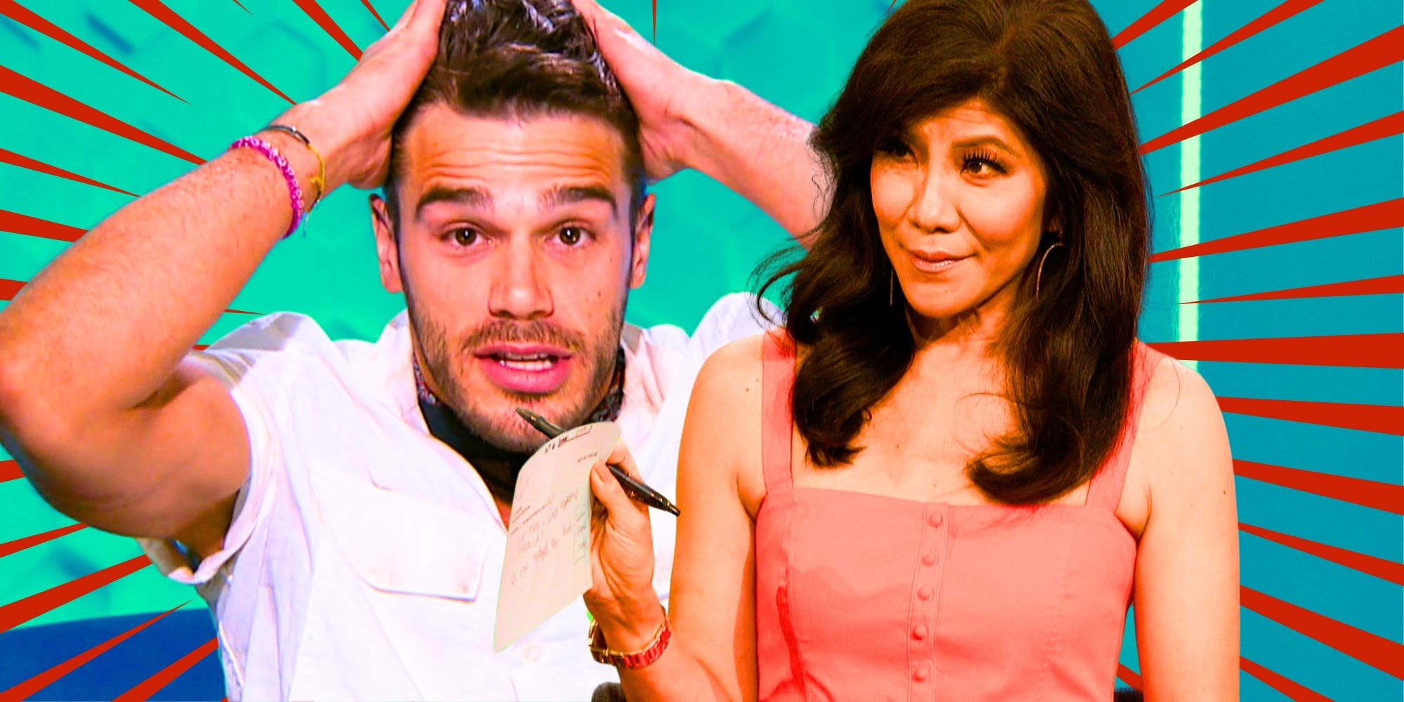 Big Brother 26&rsquo;s Tucker looks surprised with his hands in his head and Julie Chen Moonves.